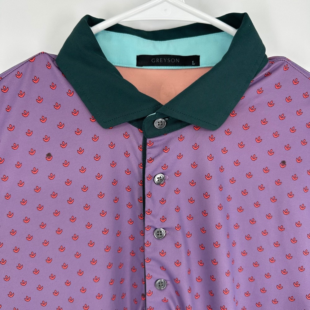 Greyson Mens Purple Geometric Print Golf Polo Shirt Large Wolf Logo Green Collar